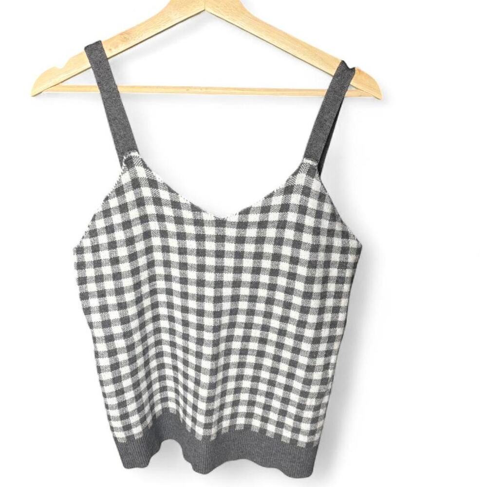 Molly & Isadora Grey Gingham Knit Sweater Tank Top Plus Size 1X V-Neck
